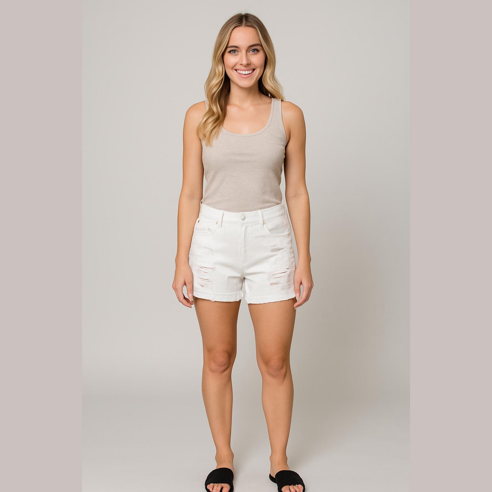 Judy Blue White Distressed Cuffed Boyfriend Fit Denim Ahirts Size Small